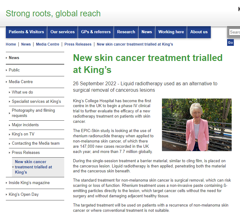 英国伦敦国王学院医院试验新的皮肤癌疗法 可在数秒内无痛杀死癌细胞