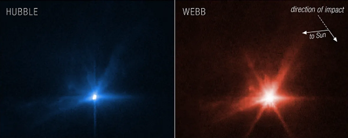 詹姆斯·韦伯和哈勃太空望远镜拍摄DART航天器撞击小行星Dimorphos瞬间