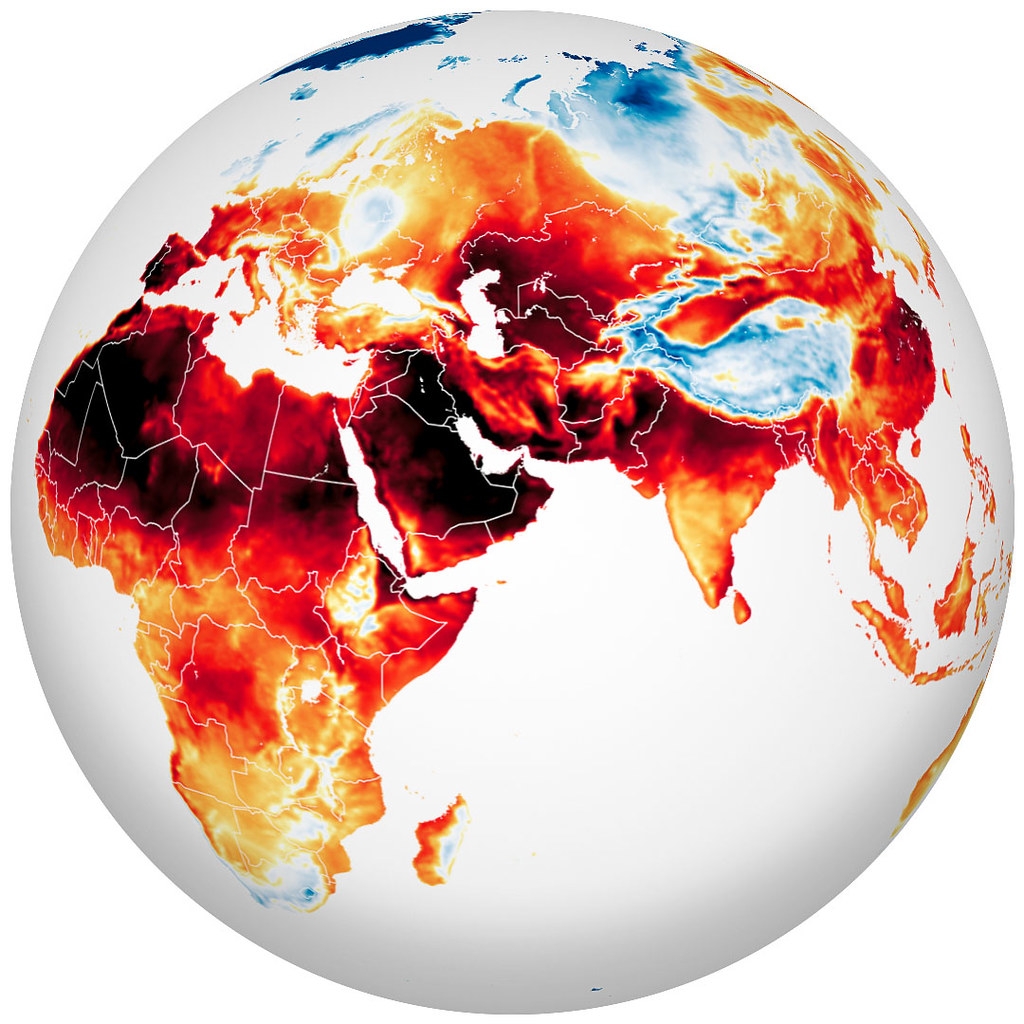 2022年6、7月，热浪袭击欧洲、北非、中东、亚洲等地。图片来源：NASA