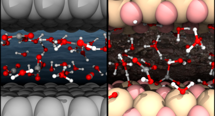 左图：溶液被石墨烯限制。右图：溶液被斯石英（SiO2）限制。白色、灰色、红色和粉红色的球分别表示氢原子、碳原子、氧原子和硅原子。(CREDIT:香港科技大学)
