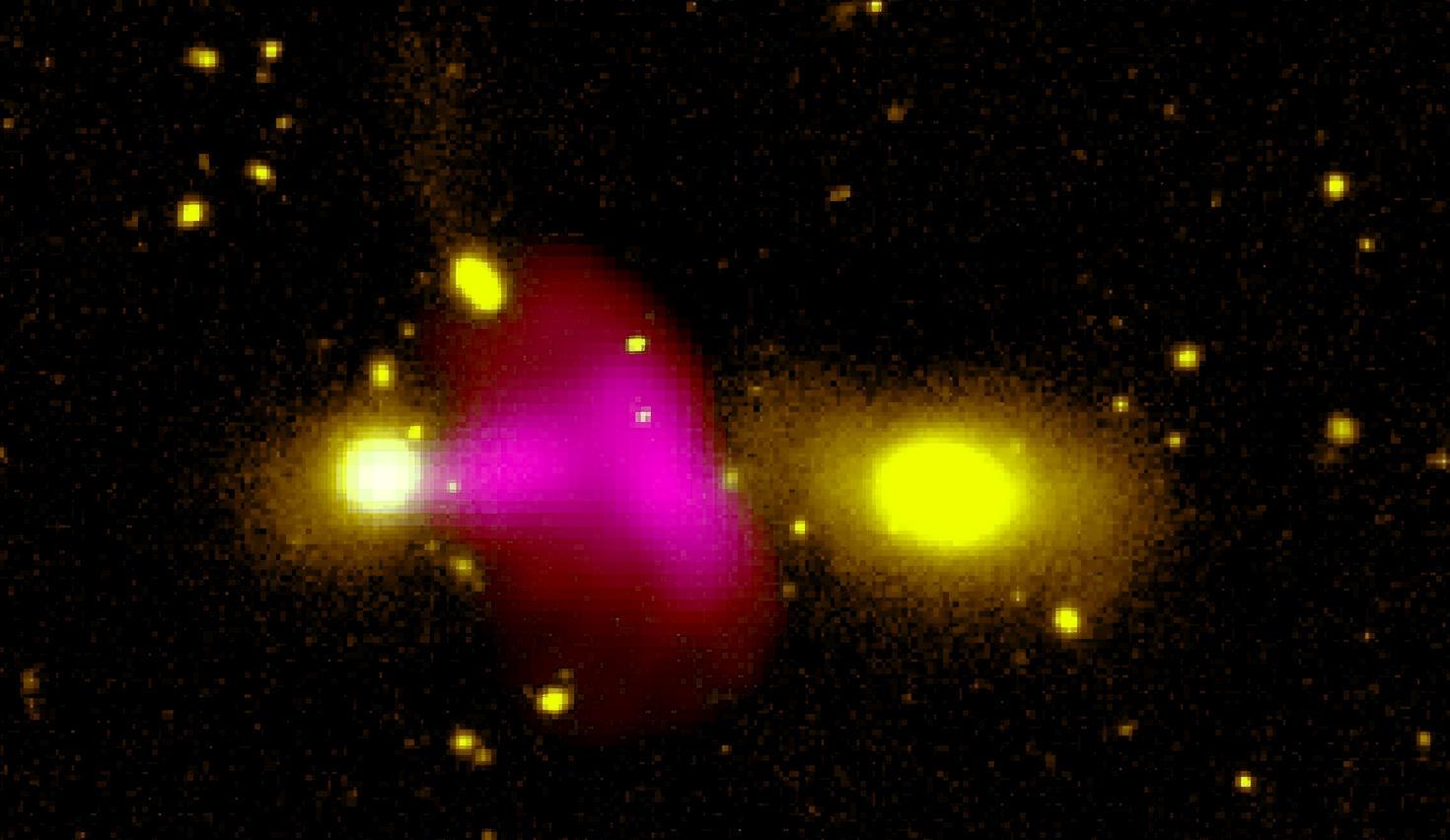 RAD12星系内的黑洞向其合并的伴星系喷出一个大型单极射电泡的图片。图像来源：Ananda Hota博士，GMRT，CFHT，MeerKAT