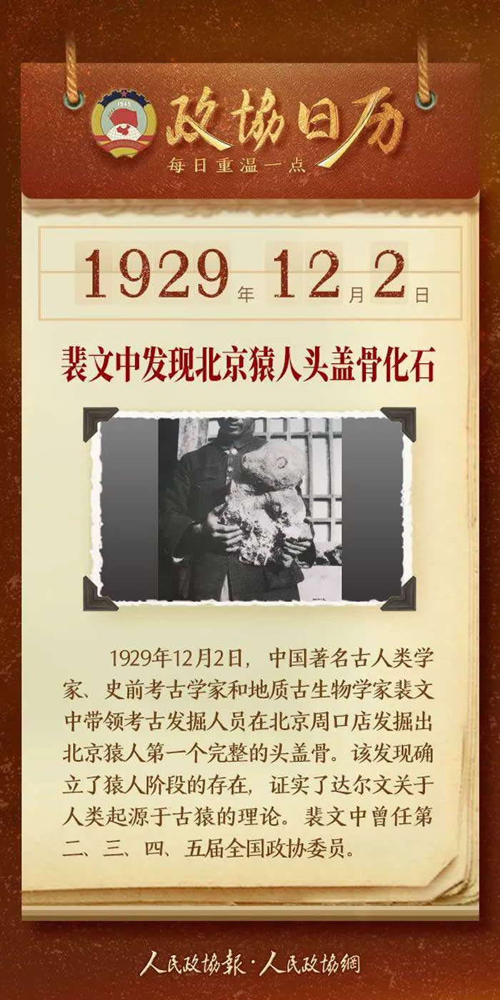 1929年12月2日在周口店遗址第1地点 裴文中发现第一个北京猿人头盖骨化石