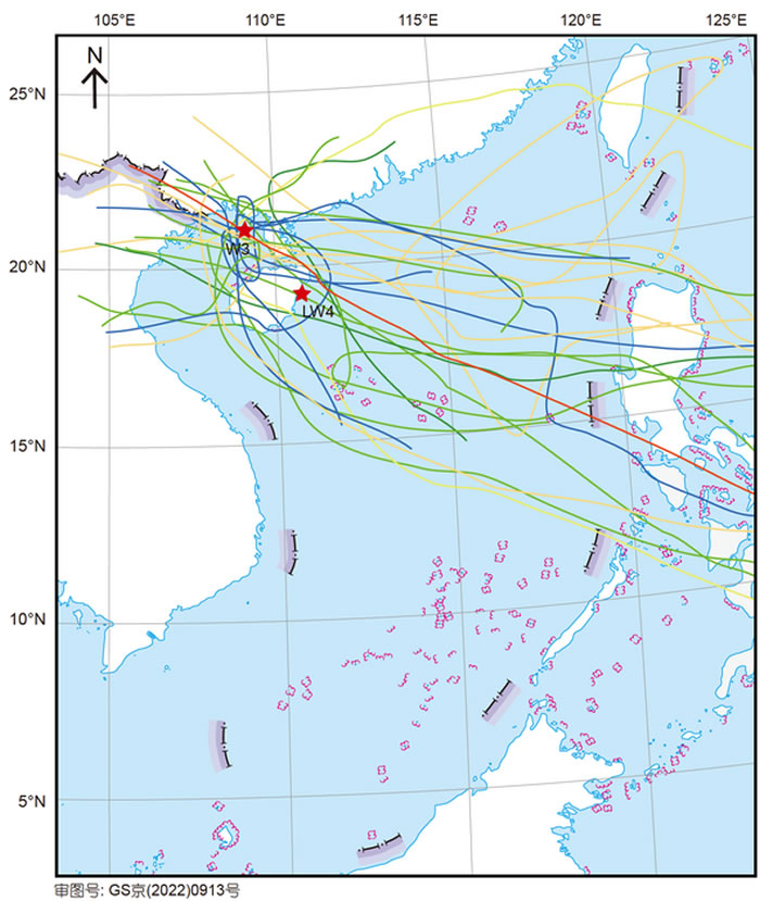 珊瑚岩芯位置(W3为涠洲岛珊瑚,LW4为海南岛珊瑚)与1984~2015年间影响到涠洲岛的台风路径图