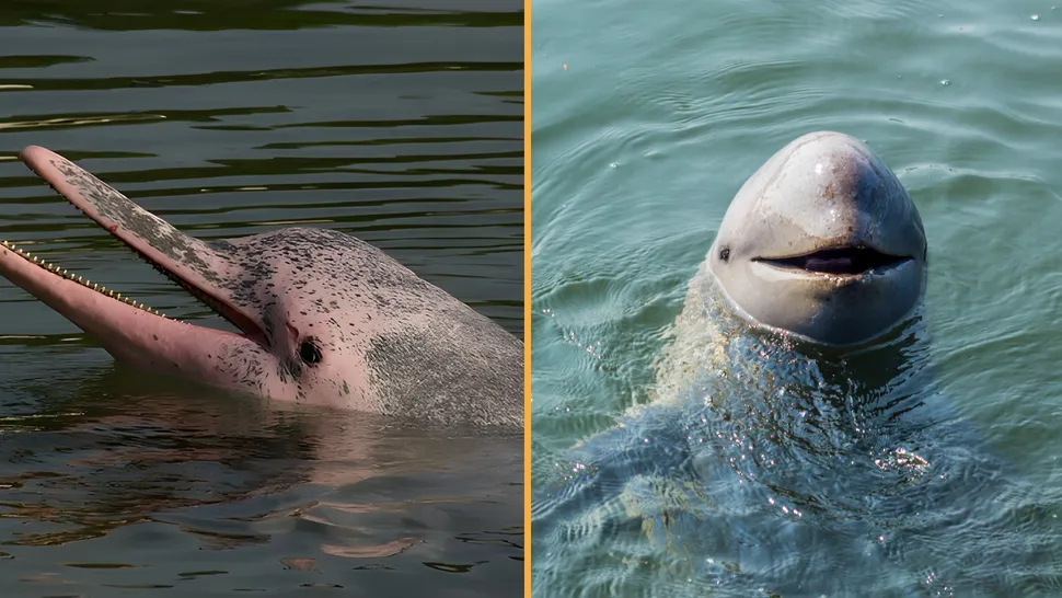 柬埔寨一只罕见的濒危伊洛瓦底江豚被发现与中华白海豚一起游泳