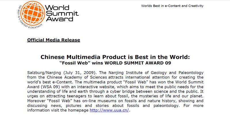 化石网在2009年夺得联合国“世界信息峰会大奖”